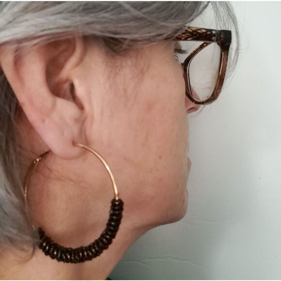 Seed Beaded Hoop Earrings Black - Picture 1 of 4